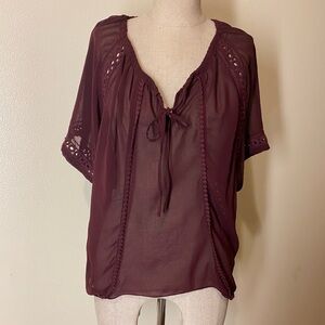 Women's Burgundy Lace-Trimmed Top sheer